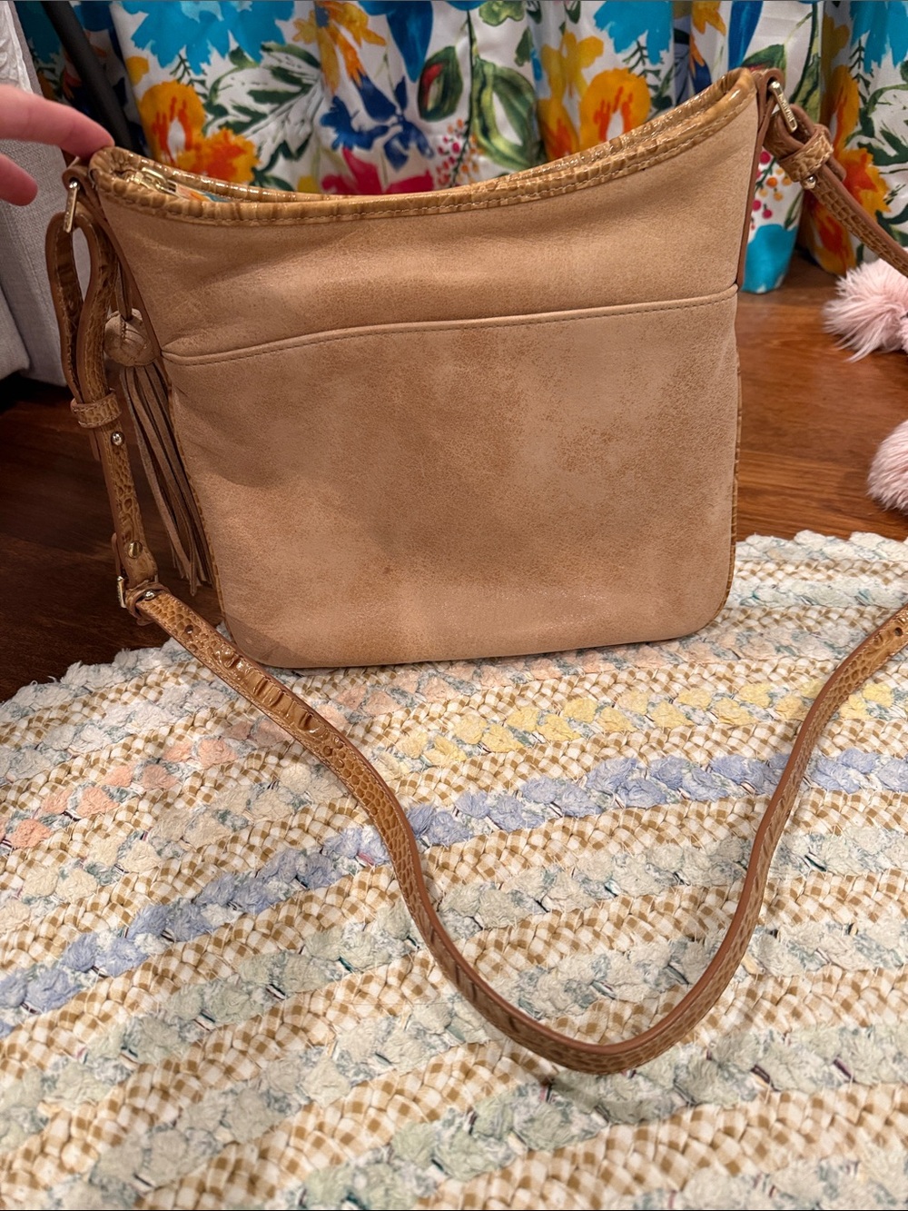 Brahmin Tan Suede-Look Crossbody with Tassel and Textured Strap